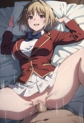 1boy 1girls advanced_nurturing_high_school_uniform ai_generated anal_sex blonde_female blonde_hair blue_bow brown_eyes censored classroom_of_the_elite cum_in_pussy female kagura kushida_kikyou laying_on_bed looking_at_partner lying_on_back male missionary_position no_panties open_mouth pantiless pillow_grab pleasure_face red_blazer school_uniform schoolgirl short_skirt tremble_lines vaginal_penetration white_shirt white_skirt