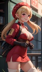 1girls ai_generated blonde_hair blush clothing cortezian_generations female genshin_impact gloves hi_res klee_(genshin_impact) patreon red_dress red_eyes smile solo thighs