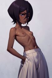 1girls ai_generated annoyed belly_button black_hair bleach brown_skin dark-skinned_female exposed_breasts female flat_chest grey_skirt hair_between_eyes hand_in_pocket hand_on_hip kuchiki_rukia leaning_back navel petite petite_body petite_female pixai purple_eyes race_swap short_hair skinny skirt small_breasts solo solo_female solo_focus topless topless_female white_skirt wide_hips