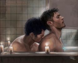 2021 2boys actor angel artist_name artist_signature artist_website bara bath bathing bathroom beard_stubble black_hair brown_hair candle candles castiel castiel_(supernatural) celebrity couple dark_hair dean_winchester duo freckles gay head_on_head human in_character jackiedeeart jensen_ackles kissing light_skin light_skinned_male looking_pleasured male male/male male_only misha_collins open_mouth romantic romantic_ambiance shared_bathing stubble supernatural_(series) yaoi