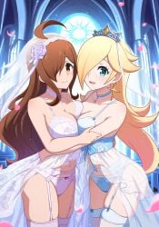 2girls ai_generated blonde_hair brown_hair crossover darkstar522 female female_only kono_subarashii_sekai_ni_shukufuku_wo! mario_(series) nai_diffusion nintendo princess_rosalina stable_diffusion super_mario_galaxy tagme white_skin wiz_(konosuba)