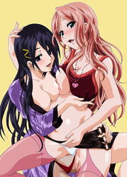 2girls :d black_hair blue_eyes canon_genderswap clothing female long_hair multiple_girls musashino_takumi nipples panties pregnant red_hair rule_63 smile sogahara_anri tsf_monogatari underwear yuri