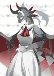 2d anthro anthro_only blue_eyes breasts dragon dragoness dragonmaid_series_(yu-gi-oh!) dragonmaid_sheou dragonryuusuki duel_monster featureless_breasts female female_focus female_only horns humanoid long_eyelashes no_nipples scales scalie tail thick_thighs thin_waist white_scales wide_hips wings yu-gi-oh!