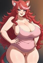 ai_generated bigpervywig breasts cat_ears cleavage huge_breasts long_hair mad_mew_mew mew_mew_(undertale) pussy red_hair thick_thighs undertale