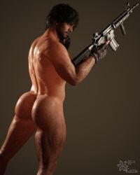 1boy 1human 3d 3d_(artwork) 3d_model ass assault_rifle back_muscles barely_visible_genitalia barely_visible_glans black_gloves black_hair black_hair_male brown_eyes bubble_butt butt butt_dimples butt_pose capcom carlos_oliveira curly_hair curvy_waist facial_hair focused from_behind_view frown gloves_only gun hairy hairy_ass hairy_butt hairy_forearms hairy_male hairy_thighs handwear_only kazuworks male male_focus male_solo muscular_male resident_evil resident_evil_3 resident_evil_3_remake round_butt scars_all_over serious_look simple_background solo solo_focus solo_male tan-skinned_male tan_skin thick_thighs view_from_behind weapon weapon_on_hand