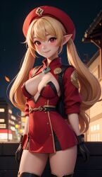 1girls ai_generated blonde_hair blush clothing cortezian_generations female genshin_impact gloves hi_res klee_(genshin_impact) patreon red_eyes smile solo