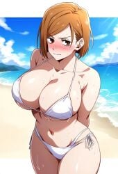 1girls ai_generated ashactle beach bikini brown_eyes curvaceous curvy_female embarrassed embarrassed_female female female_only huge_breasts human jujutsu_kaisen kugisaki_nobara large_breasts orange_hair short_hair solo