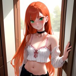 1girls ai_generated arm_sleeves armsleeves bare_stomach belly_button choker crop_top cute female freckles freckles_on_face green_eyes looking_at_viewer red_hair red_hair stable_diffusion white_topwear