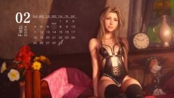 1girls 2024 3d aerith_gainsborough bare_thighs braided_ponytail brown_hair calendar_(medium) february_(month) female female_only final_fantasy final_fantasy_vii final_fantasy_vii_remake green_eyes light-skinned_female light_skin lingerie lingerie_only long_hair looking_at_viewer slim_waist small_breasts solo square_enix sreliata_(artist) stockings thighhighs