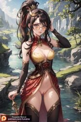 ai_generated day daytime dress earrings female female female_only firecracker_vayne girl glasses hair_ornament league_of_legends league_of_legends:_wild_rift luname naked nude orange_glasses outdoors pussy red_dress standing vayne