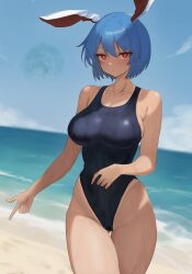 1girls 2d bare_shoulders beach big_breasts blue_hair blush breasts bunny bunny_ears bunny_girl cleavage day female hips humanoid looking_at_viewer moriforest1040 outdoors rabbit rabbit_ears rabbit_girl red_eyes rei'sen reisen short_hair solo source standing swimsuit thick_thighs thighs touhou wet wide_hips