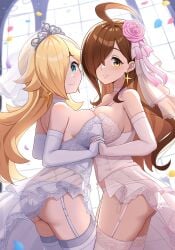 2girls ai_generated blonde_hair brown_hair crossover darkstar522 female female_only kono_subarashii_sekai_ni_shukufuku_wo! mario_(series) nai_diffusion nintendo princess_rosalina stable_diffusion super_mario_galaxy tagme white_skin wiz_(konosuba)