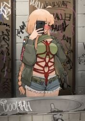 banana_batter bathroom blonde_hair blush bondage braid clothing dutch_flag glasses graffiti indie_virtual_youtuber mirror mirror_selfie phone rope shibari virtual_youtuber vtuber whiskey_project