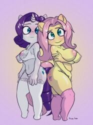 anthro big_breasts blue_eyes breasts cutie_mark duo equid equine female fluttershy_(mlp) friendship_is_magic fur green_eyes hair hasbro mammal my_little_pony nipples pink_body pink_fur pink_hair rarity_(mlp) snus-kun white_body white_fur yellow_body yellow_fur