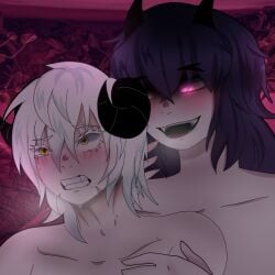 2boys 2demons androgynous ang3l.corpse black_horns face_closeup hot_pink_eyes male male_only no_visible_genitalia purple_hair saru_kiyukii satsujin_mukuro white_hair yaoi yellow_eyes