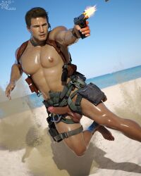 1boy 1human 1male 3d 3d_(artwork) 3d_model action_pose aiming aiming_weapon beach blue_eyes brown_hair day daytime erect_penis erection gun kazuworks light-skinned_male light_skin male male_focus male_only masculine nathan_drake naughty_dog outdoor_nudity outdoors shooting_gun solo solo_focus solo_male uncharted uncharted_4