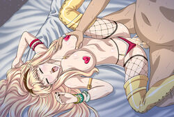 blonde blonde_hair breast_grab breasts censored cum ejaculation female large_breasts long_hair macross macross_frontier panties penis sheryl_nome spread_legs stockings sweat