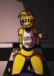 animatronic animatronics bedroom_eyes black_sclera female five_nights_at_freddy's five_nights_at_freddy's_2 pizza pov pov_male robot robot_girl robot_humanoid seductive seductive_eyes seductive_smile smile straight toy_chica_(fnaf) toy_chica_(love_taste) viderart yellow_skin