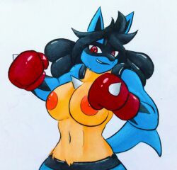 1girls anthro aoki_(vulpinecrew) attacking_viewer black_hair blue_body blue_fur blue_tail boxing boxing_gloves boxing_gloves_only breasts clothing exposed_breasts fan_character female female_only fur generation_4_pokemon gloves hair half-length_portrait handwear handwear_only hi_res lucario mostly_nude nintendo nipples pokemon pokemon_(species) portrait red_boxing_gloves red_eyes red_gloves smile smirk solo sport tail the_k9_team traditional_media_(artwork) vulpinecrew yellow_chest