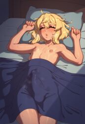 1boy ai_generated bed blanket blanket_only blonde_hair blush bridget bulge closed_eyes copernicus covered_penis erection erection_under_blanket erection_under_clothes femboy feminine_male girly guilty_gear guilty_gear_strive looking_at_viewer lying lying_on_back male male_focus male_only naked naked_blanket on_back on_bed otoko_no_ko parted_lips pillow rizdraws_(ai_style) short_hair sleeping solo solo_focus solo_male trap