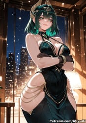 nefer_(genshin_impact) genshin_impact green_hair green_eyes mature_female thick miyuai ai_generated ai_assisted thick_thighs thick_ass thick_legs thick_hips thick_butt wide_hips wide_thighs voluptuous voluptuous_female curvy curvy_figure curvaceous curvy_female female breasts uncensored patreon_reward 1girl 1girls gloves large_breasts jewelry dress short_hair bangs earrings solo rating:safe cleavage looking_at_viewer thighs smile blush sky arm_under_breasts bare_shoulders night choker streaked_hair