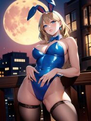 1girls against_fence ai_generated ai_mirror balcony belly_button_visible_through_clothing blonde_hair blue_bodysuit blue_eyes blush bodysuit bowtie bowtie_collar buildings bunny_ears bunnysuit latex_bodysuit long_hair looking_at_viewer medium_breasts moon night smile stockings thick_lips thick_thighs vagina_visible_through_clothing white_skin wooden_fence