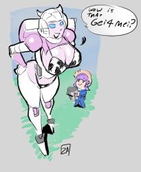 arcee arcee_(g1) big_breasts cow_horns cow_print_bikini hair_buns horns human_on_humanoid pink_body pink_breasts pink_nipples purple_hair robot robot_girl robot_humanoid size_difference transformers white_legs zestysauce