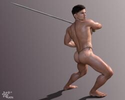 1boy 1human 1male 3d 3d_(artwork) 3d_model black_hair broadsword green_eyes holding_weapon kazuworks male male_focus male_only masculine oc original original_character pink_background scantily_clad solo solo_focus solo_male string_bikini string_bikini_bottom swordplay warrior