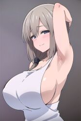 ai_generated ailucius777 aimaden777 armpits big_breasts blush breasts_bigger_than_torso bust-waist_contrast female large_breasts light-skinned_female light_skin sideboob slim_waist smiling solo towel uzaki-chan_wa_asobitai! uzaki_tsuki white_hair