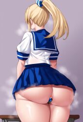 1girls ai_generated anal anal_insertion anal_object_insertion blonde_hair buttplug desk ebifurya_(style) female hair_ribbon huge_ass no_panties original pleated_skirt ponytail school_desk school_uniform self_upload serafuku simple_background skirt steam steaming_body thick_thighs