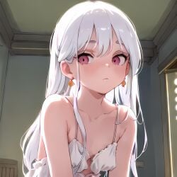 1girls ai_generated bare_shoulders collarbone earrings female looking_at_viewer looking_down loose_clothes loose_clothing pink_eyes small_breasts stable_diffusion white_hair white_topwear