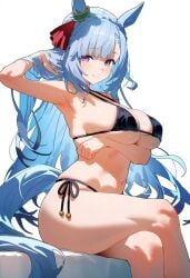 ai_generated animal_ears bikini blue_hair breasts female half_ponytail light_blue_hair long_hair mejiro_ardan_(umamusume) princess purple_eyes swimsuit umamusume umamusume_pretty_derby