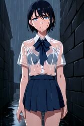 1girls ai_generated blue_eyes collared_shirt dark_hair female looking_at_viewer raining ribbon sad school_uniform see-through see-through_clothing see_through see_through_clothing short_hair skirt stable_diffusion thighs transparent_clothing wet white_shirt