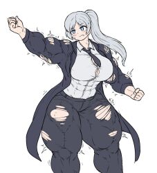 abs big_breasts big_muscles blue_eyes blush blush_lines breast_expansion breasts_bigger_than_head grey_hair huge_breasts huge_thighs looking_at_own_hand muscle_growth ripping_clothing sheepapp sweating tight_clothing