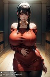 1girls ai_generated bare_shoulders big_breasts black_hair female female_focus female_only looking_at_viewer red_eyes spy_x_family stable_diffusion wide_hips winterzone yor_briar yor_forger