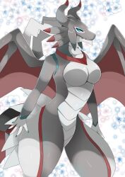 anthro anthro_only blue_eyes breasts dragon dragoness dragonmaid_series_(yu-gi-oh!) dragonmaid_sheou dragonryuusuki duel_monster featureless_breasts female female_focus female_only horns humanoid long_eyelashes no_nipples scales scalie tail thick_thighs thin_waist white_scales wide_hips wings yu-gi-oh!