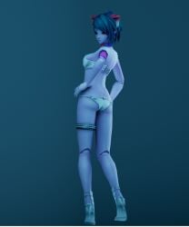 3d_model ass back bikini cat_ears catgirl collar female female_focus female_only figure figurine hand_on_hip high_heels microvolts pandora_(microvolts) pointy_ears purple_skin render short_hair thigh_strap white_bikini