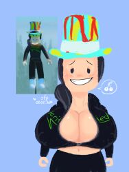 big_ass big_breasts big_butt black_hair black_jacket boob_window breasts breasts breasts_bigger_than_head breasts_out colored_hat hat_couture huge_breasts lucky_(character) lucky_(lukvayinsee13) roblox slickflipper