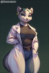 1girls ai_generated anthro brand_new_animal breasts clothed clothing eyewear_on_head female female_only front_view fur furry green_eyes grey_fur labcoat looking_at_viewer marie_itami mink mustelid smiling solo solo_female stable_diffusion studio_trigger suicidespit thick_thighs wide_hips