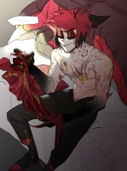 ... alastor_(hazbin_hotel) annoyed annoyed_expression antlers bed bite_mark black_hands blood demon ears_back ears_down half-dressed hazbin_hotel light-skinned_male light_skin male male_only muscular muscular_male pale-skinned_male pale_skin partially_clothed pecs pubic_hair red_eyes red_hair scratches shirtless shirtless_male sitting skin_color_change unzipped unzipped_pants