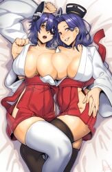 2girls alternate_costume bed black_thighhighs breasts dyun eyepatch female floating_headgear hair_intakes hakama hakama_short_skirt hakama_skirt halo headgear highres hip_vent huge_breasts japanese_clothes kantai_collection kimono laying_on_back laying_on_bed looking_at_viewer lying mechanical_halo multiple_girls nontraditional_miko on_back open_mouth purple_eyes purple_hair red_hakama short_hair skirt smile tatsuta_(kantai_collection) tenryuu_(kantai_collection) thighhighs tomboy white_kimono white_thighhighs wide_sleeves yellow_eyes