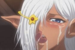 after_sex animated animated_gif anime_screencap blue_eyes blush cum dark-skinned_female dark_elf dark_skin elf_hime_nina facial female interspecies licking miriya naughty_face ova pointy_ears tongue uncensored white_hair