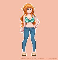 big_breasts bikini brown_eyes female female_only jeans nami nami_(one_piece) one_piece orange_hair pixel_art pixeledwaifus post-timeskip striped_bikini