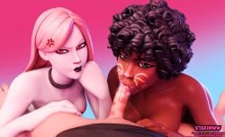 1boy 2girls 2girls1boy afro angry angry_face areolae black_lipstick breasts bunny_brawler choker cum cum_in_mouth curly_hair dark-skinned_female dark_skin deimos_(fortnite) fellatio fortnite green_eyes haze_(fortnite) lipstick looking_at_viewer looking_up makeup mff_threesome oral oral_sex pale-skinned_female pale_skin penis pov red_eyes red_lipstick saliva starinww thick_lips