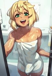 1boy ai_generated androgynous bathroom blonde_hair bridget bulge copernicus crossdressing erection erection_under_clothes erection_under_towel femboy feminine_male girly green_eyes guilty_gear guilty_gear_strive indoors looking_at_viewer male male_focus male_only naked_towel open_mouth otoko_no_ko rizdraws_(ai_style) short_hair smile solo solo_focus solo_male steam steaming_body teenager towel towel_only trap wet wet_body wet_skin