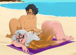 2girls ahe_gao ass bayonetta bayonetta_(character) beach black_cat_(marvel) blue_eyes breasts crossover dark_skin execution felicia_hardy female glasses imminent_death killer_lotion laying lotion marvel marvel_comics mask murder nipples nude oil peril rodjim silver_hair snuff spider-man_(series) sunbathing sunscreen tanned towel