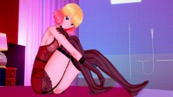 angels_of_death blonde_hair catherine_ward collar garter_straps green_eyes koikatsu looking_at_viewer love_hotel no_bra panties pink_hair satsuriku_no_tenshi shower sitting_on_bed stockings two_tone_hair visible_breasts visible_nipples visible_through_clothes