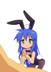 1boy 1girls :3 absurdres ahoge animal_costume animal_ears bare_shoulders bent_over black_pantyhose blue_hair blush bow bowtie bunny_ears bunny_tail bunnysuit censored closed_mouth clothed_female_nude_male detached_collar dot_nose fake_animal_ears fake_tail female flat_chest green_eyes handjob highres konata_izumi leotard long_hair looking_at_viewer lucky_star mole mole_under_eye mosaic_censoring not_call nude pantyhose penis penis_grab playboy_bunny rabbit_ears rabbit_tail simple_background smile solo_focus straight strapless strapless_leotard tail white_background wing_collar wrist_cuffs