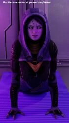 1girls 3d alien alien_girl female female_only fully_clothed helmet_removed mass_effect mass_effect_2 quarian self_upload solo stretch tali'zorah_nar_rayya vikhlop yoga yoga_mat yoga_pose