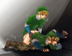 2boys anal artist_request ass bent_over blonde_hair blue_eyes boots cum cum_on_ass cum_on_body cum_on_clothes cum_on_lower_body cum_while_penetrated doggy_style dual_persona earring fingerless_gloves gay green_shirt hat heavy_breathing link link_(skyward_sword) link_(twilight_princess) linkcest male male_only multiple_persona panting pants_down pointy_ears selfcest sex skyward_sword the_legend_of_zelda trembling twilight_princess unknown_artist yaoi